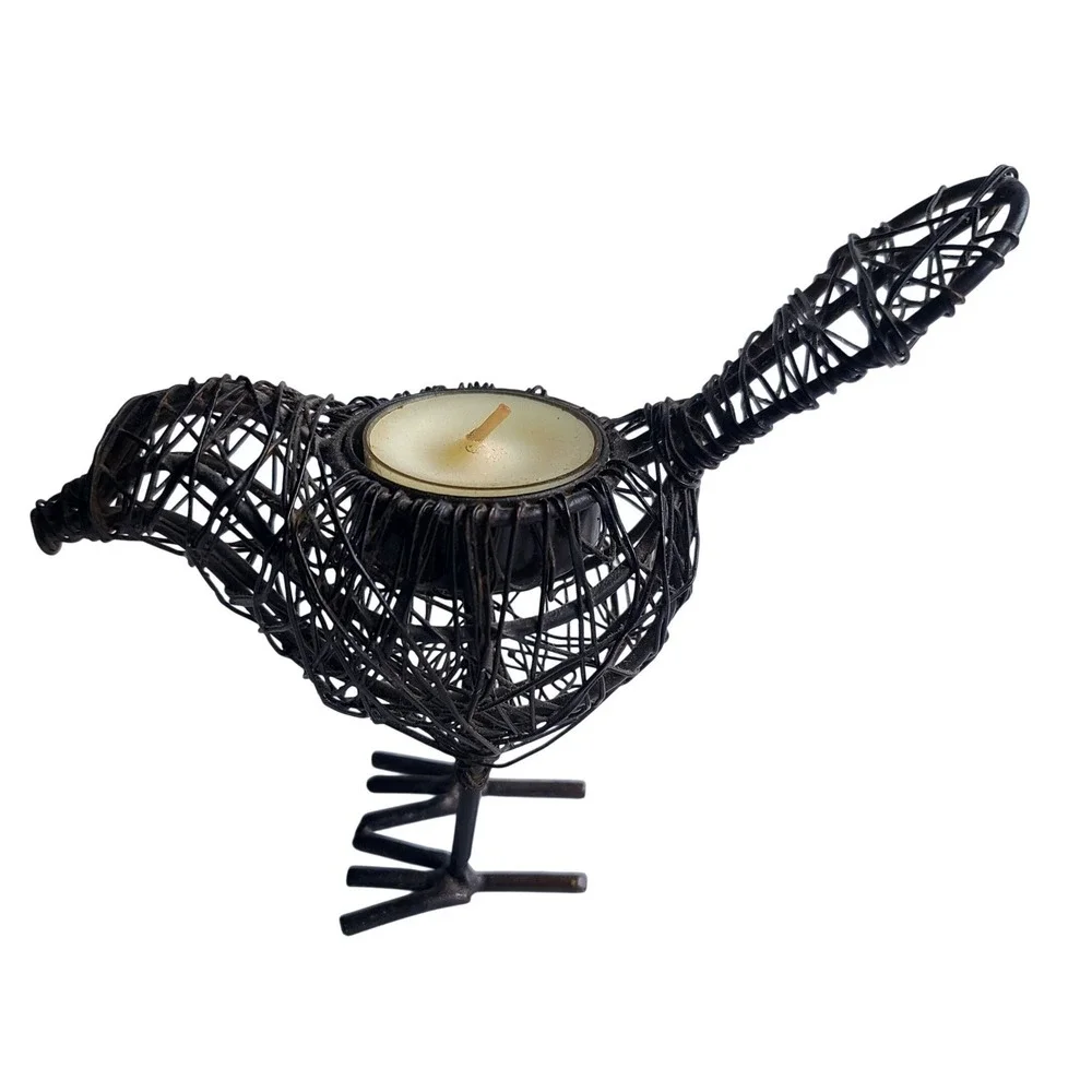 Artisanal‎ Rustic Wire Wrapped Bird Tea Light Candle Holder Dark Metal Figurine